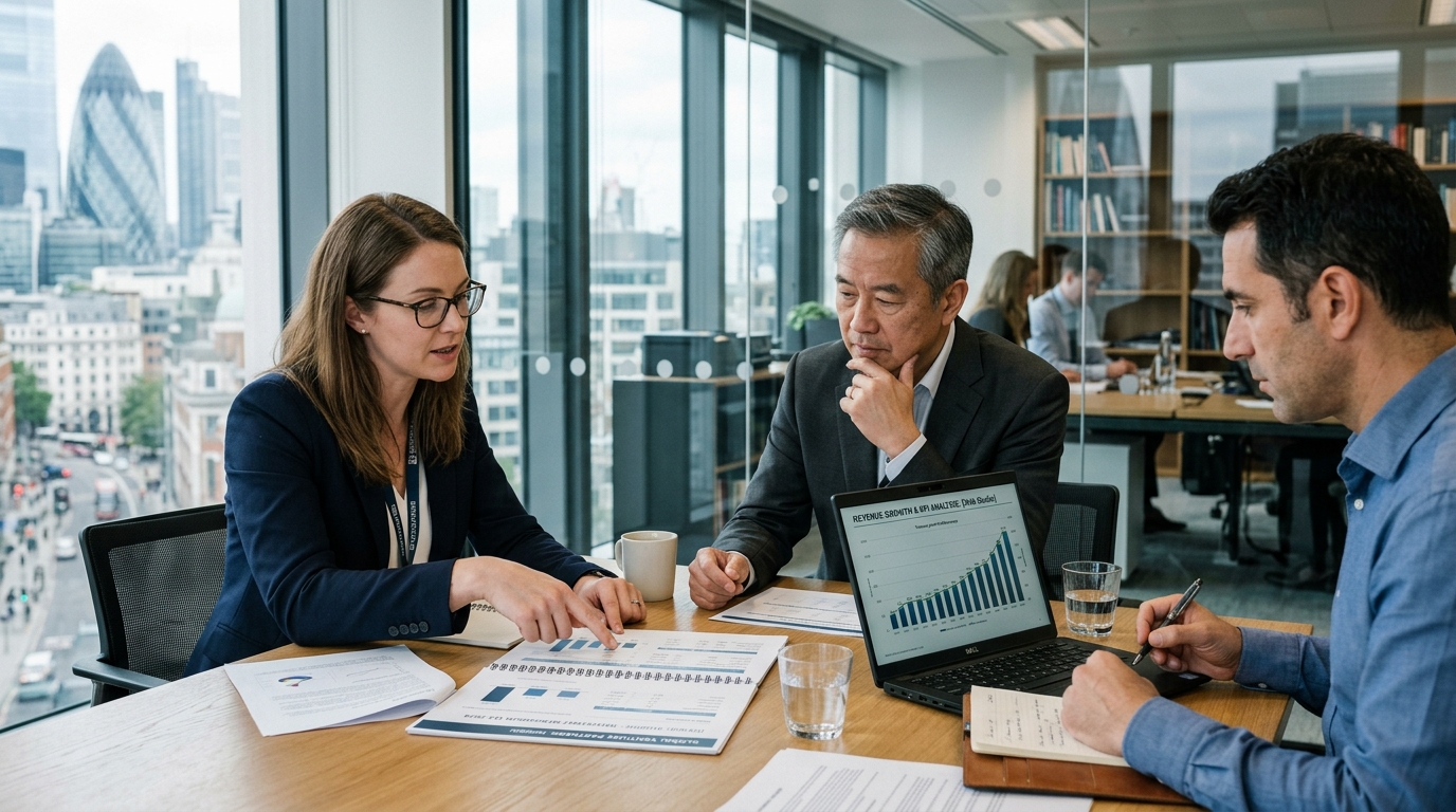 Investors reviewing financial performance data in a boardroom.